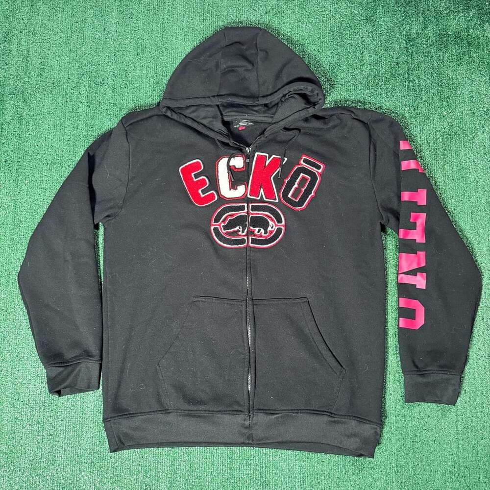 Y2K Ecko Unltd. Men's Black Red Zip-Up Hoodie Sweatshirt Embroidered XL